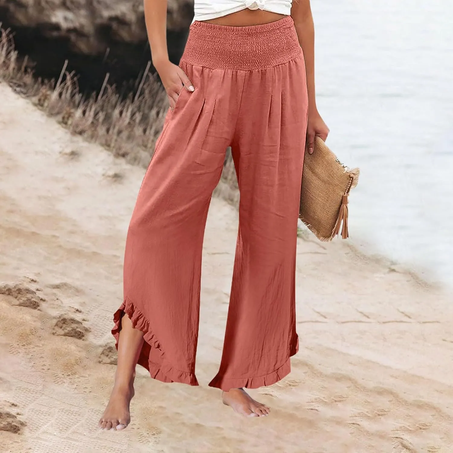 Wide Leg Linen Pants for Women Smocked Elastic Waist Ruffle Hem Palazzo Pants Summer Casual Loose Beach Pants