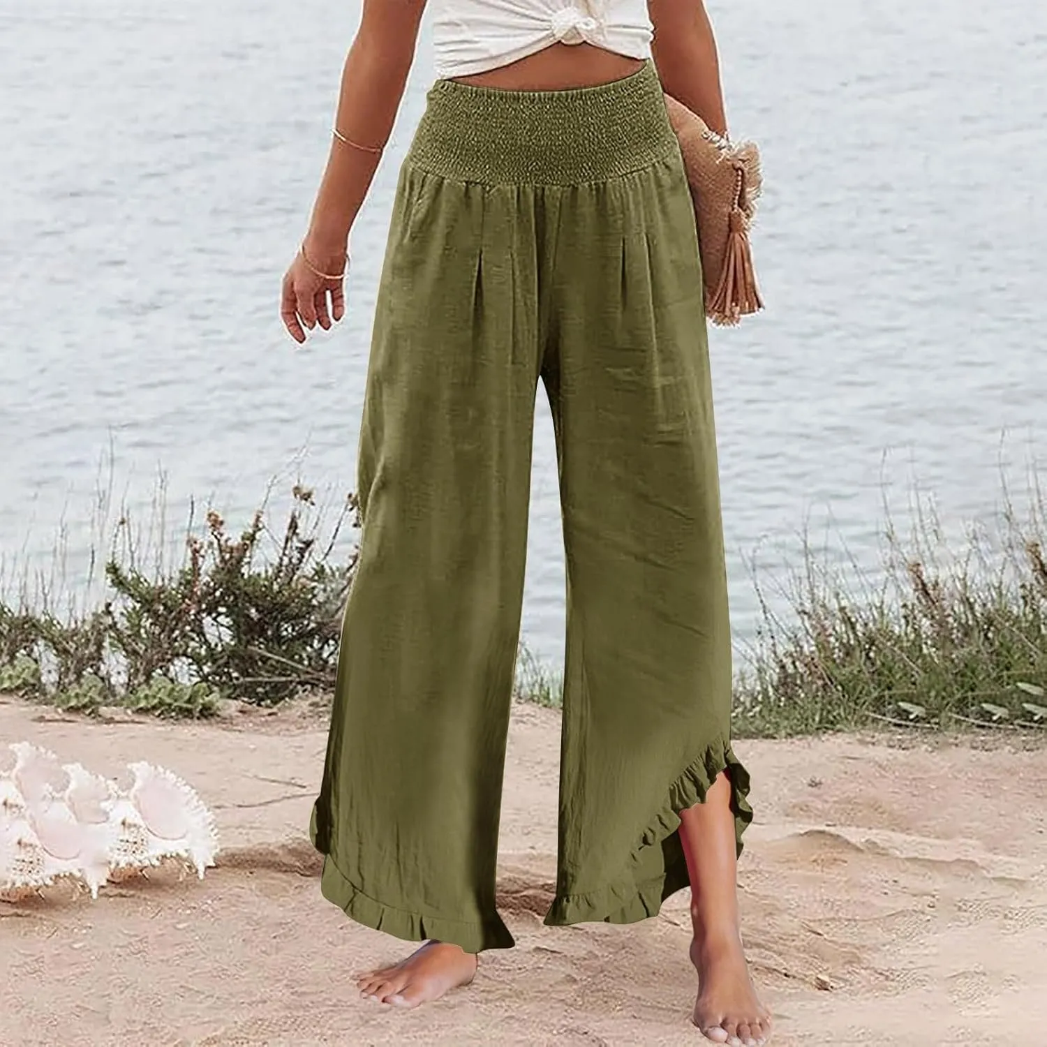 Wide Leg Linen Pants for Women Smocked Elastic Waist Ruffle Hem Palazzo Pants Summer Casual Loose Beach Pants