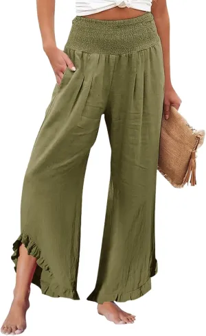 Wide Leg Linen Pants for Women Smocked Elastic Waist Ruffle Hem Palazzo Pants Summer Casual Loose Beach Pants