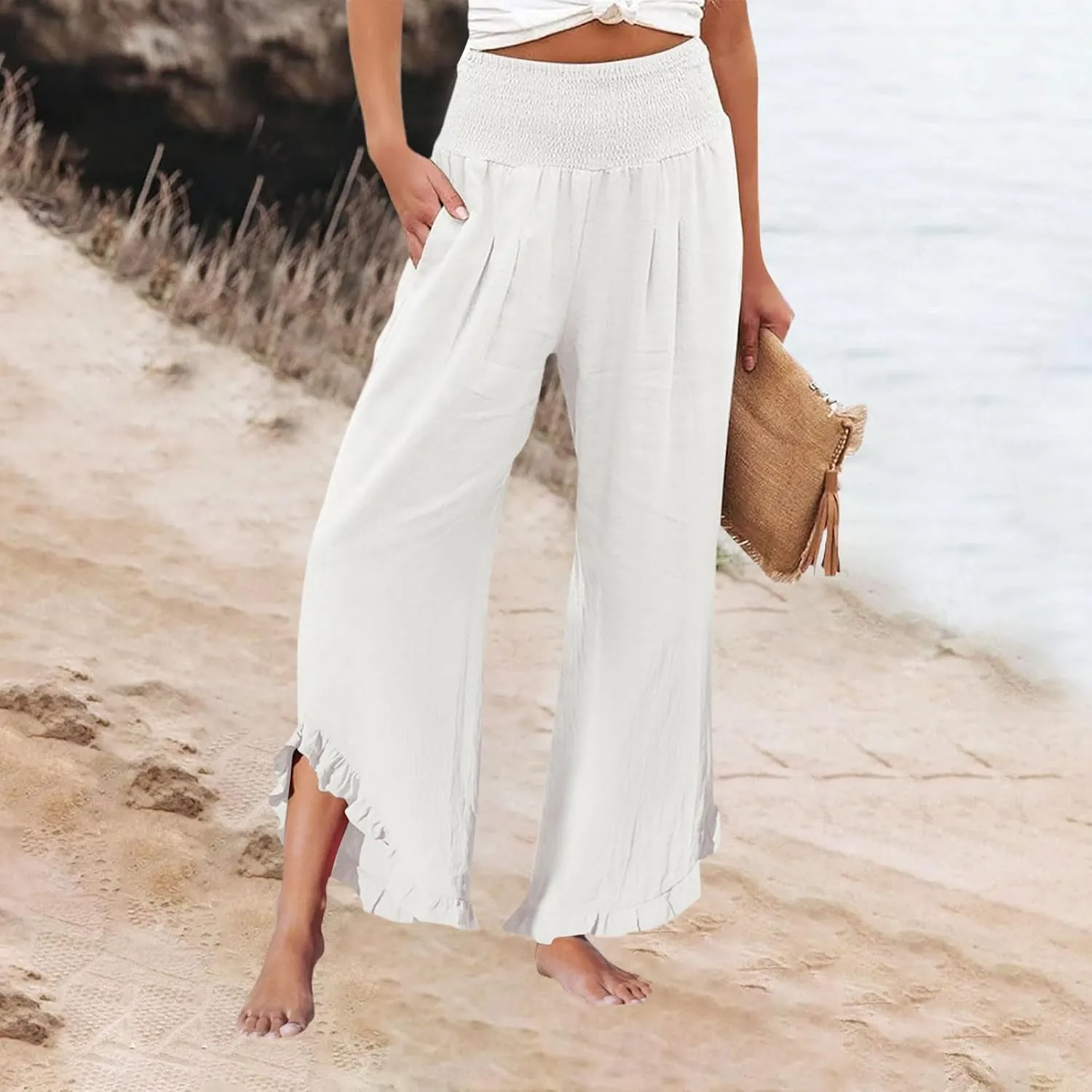 Wide Leg Linen Pants for Women Smocked Elastic Waist Ruffle Hem Palazzo Pants Summer Casual Loose Beach Pants