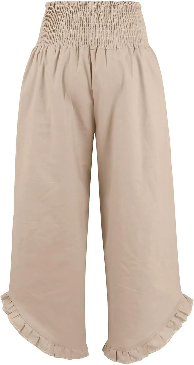 Wide Leg Linen Pants for Women Smocked Elastic Waist Ruffle Hem Palazzo Pants Summer Casual Loose Beach Pants