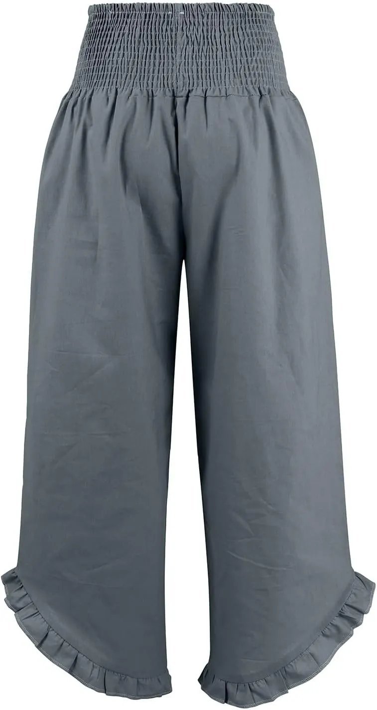 Wide Leg Linen Pants for Women Smocked Elastic Waist Ruffle Hem Palazzo Pants Summer Casual Loose Beach Pants