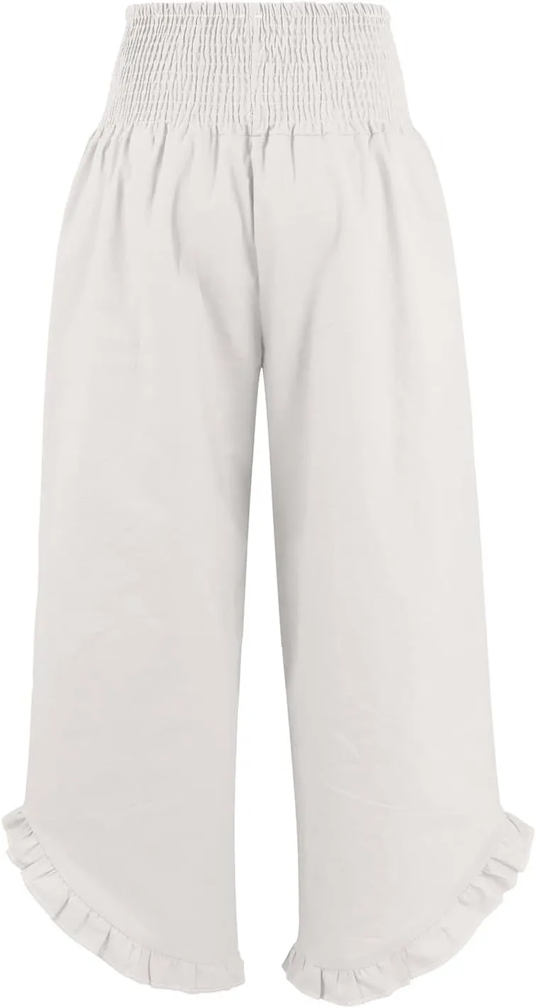 Wide Leg Linen Pants for Women Smocked Elastic Waist Ruffle Hem Palazzo Pants Summer Casual Loose Beach Pants