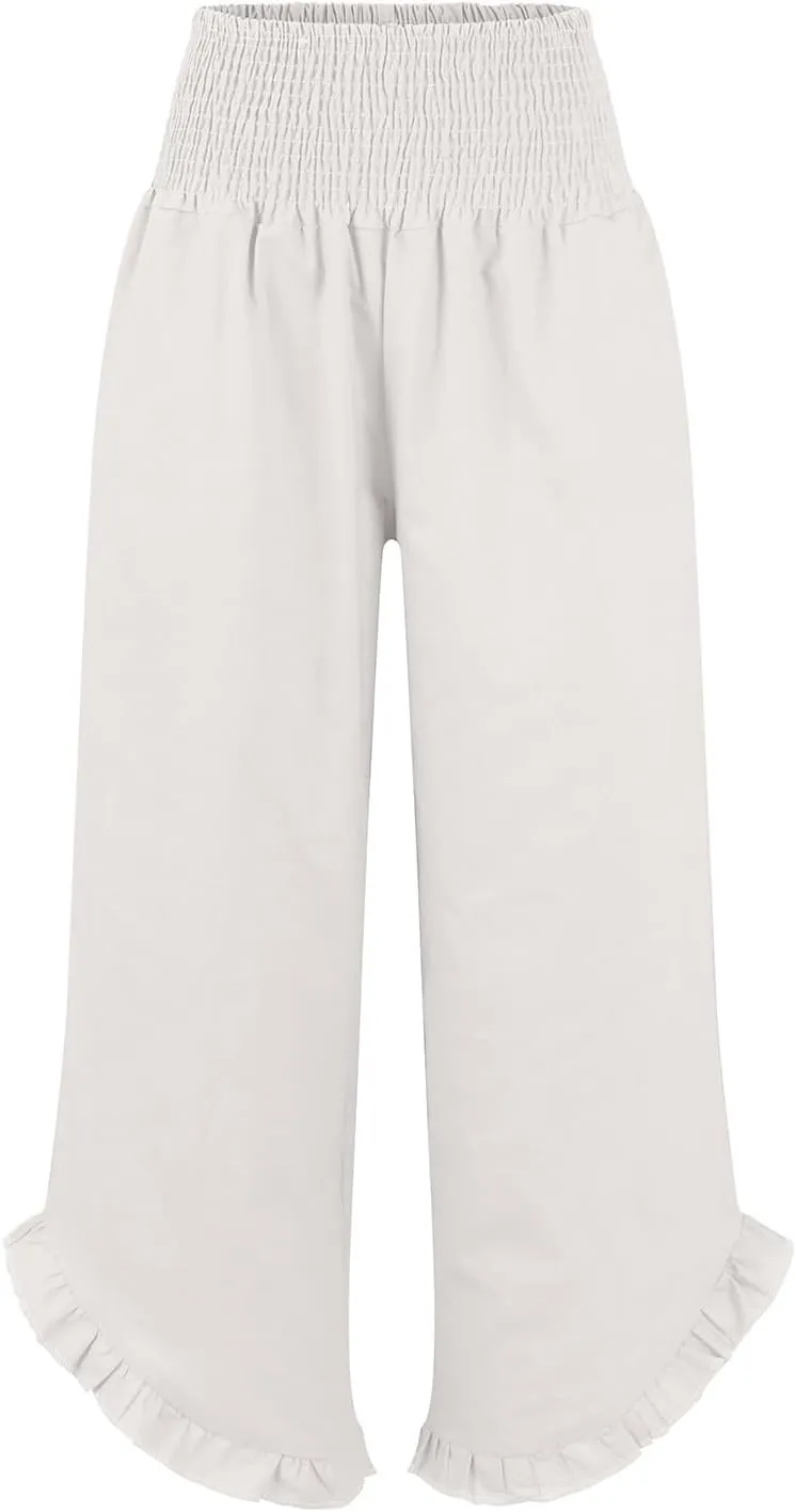 Wide Leg Linen Pants for Women Smocked Elastic Waist Ruffle Hem Palazzo Pants Summer Casual Loose Beach Pants