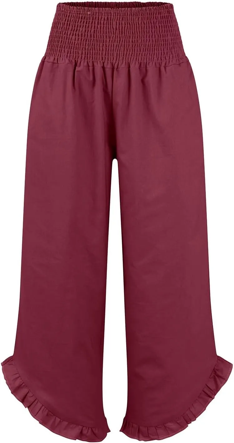Wide Leg Linen Pants for Women Smocked Elastic Waist Ruffle Hem Palazzo Pants Summer Casual Loose Beach Pants