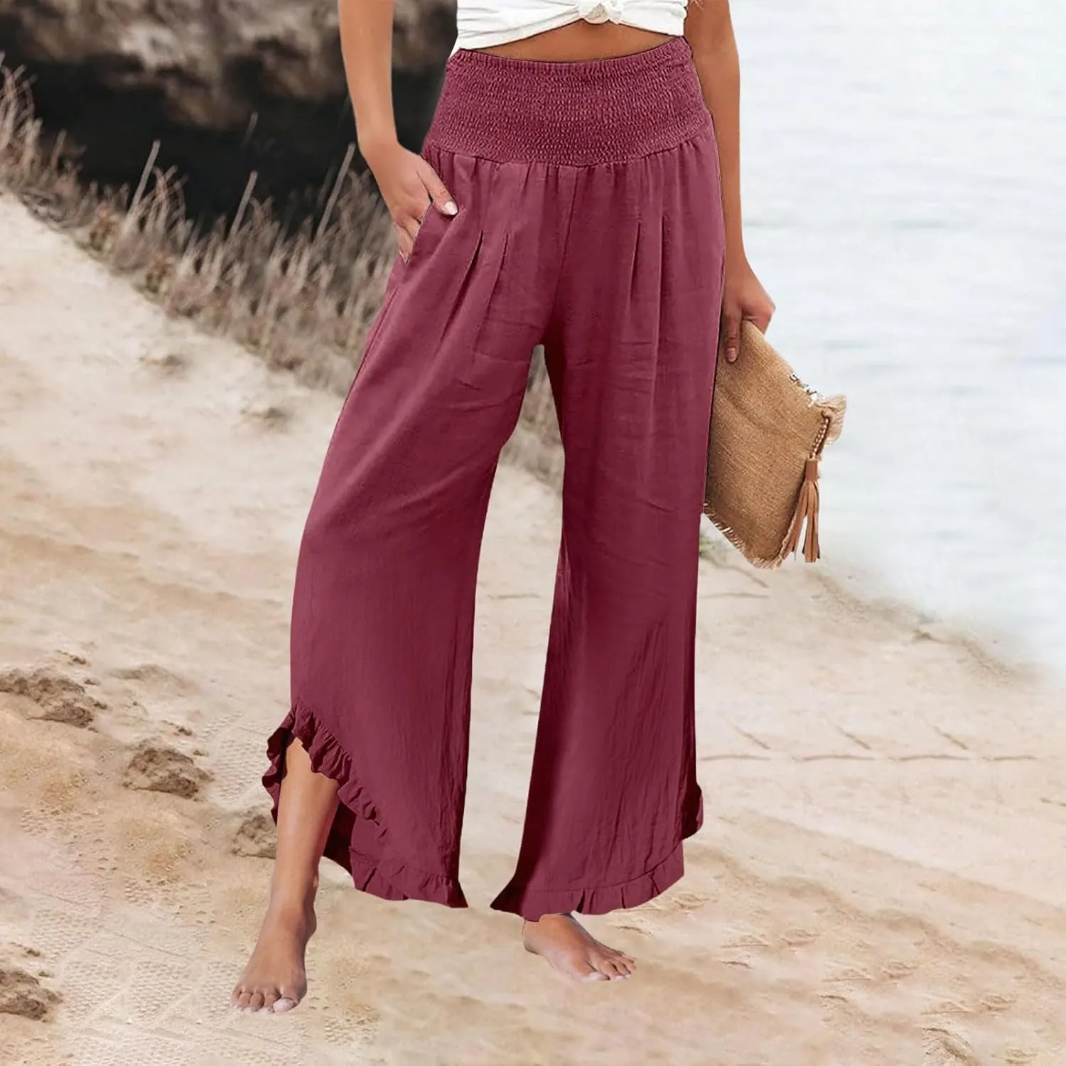 Wide Leg Linen Pants for Women Smocked Elastic Waist Ruffle Hem Palazzo Pants Summer Casual Loose Beach Pants