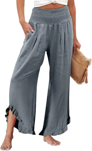 Wide Leg Linen Pants for Women Smocked Elastic Waist Ruffle Hem Palazzo Pants Summer Casual Loose Beach Pants
