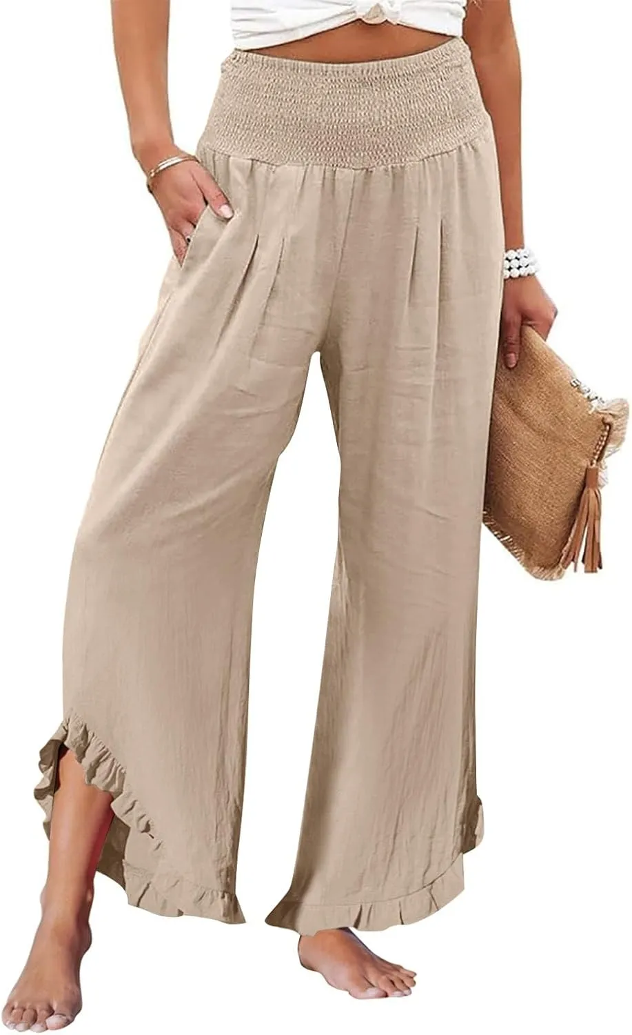 Wide Leg Linen Pants for Women Smocked Elastic Waist Ruffle Hem Palazzo Pants Summer Casual Loose Beach Pants
