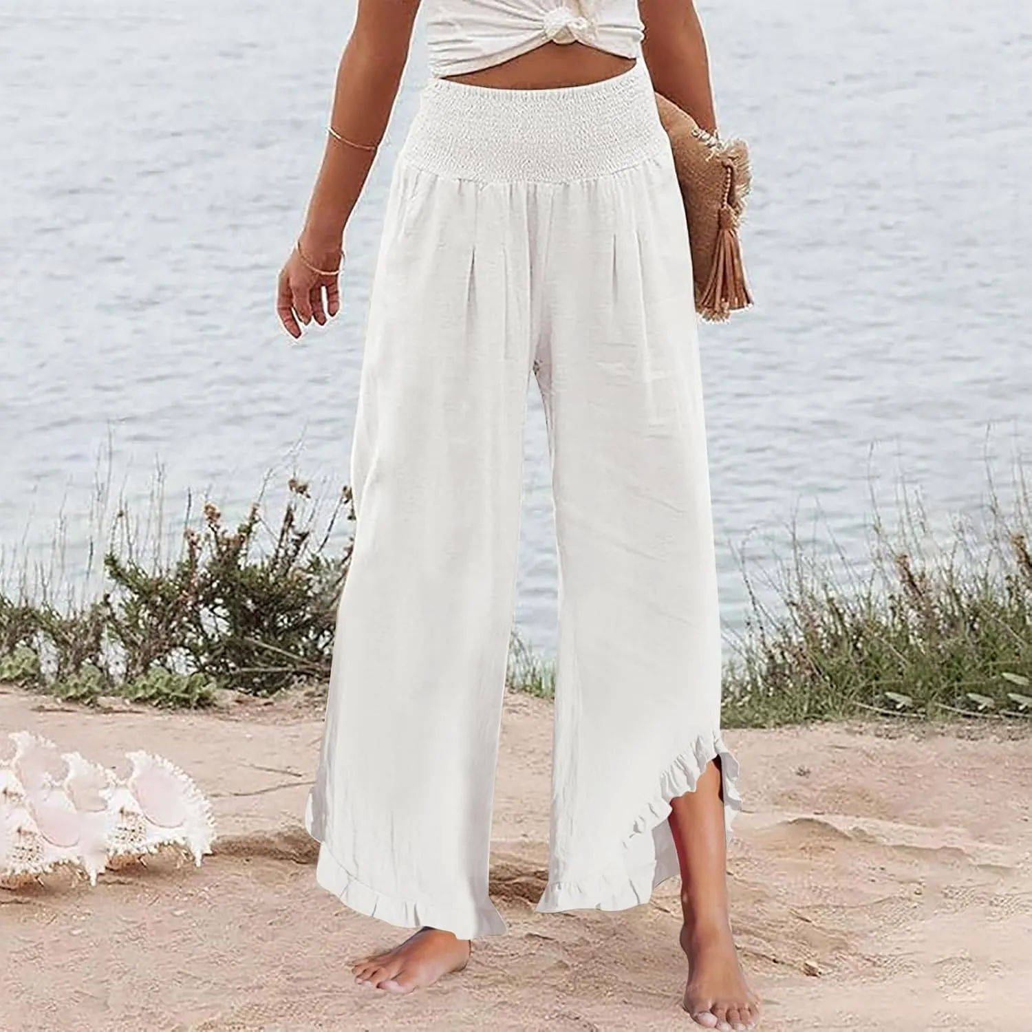 Wide Leg Linen Pants for Women Smocked Elastic Waist Ruffle Hem Palazzo Pants Summer Casual Loose Beach Pants