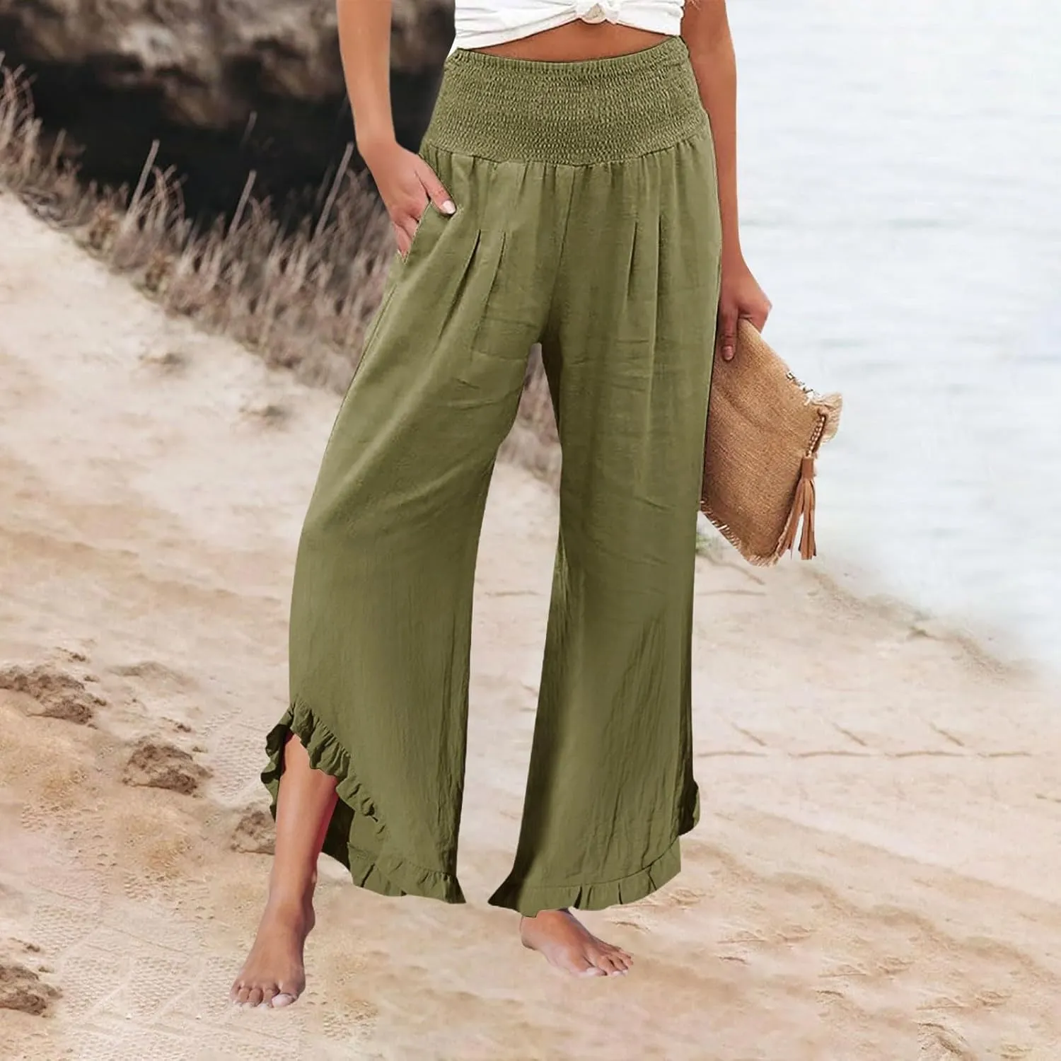 Wide Leg Linen Pants for Women Smocked Elastic Waist Ruffle Hem Palazzo Pants Summer Casual Loose Beach Pants