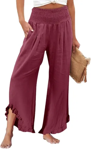 Wide Leg Linen Pants for Women Smocked Elastic Waist Ruffle Hem Palazzo Pants Summer Casual Loose Beach Pants