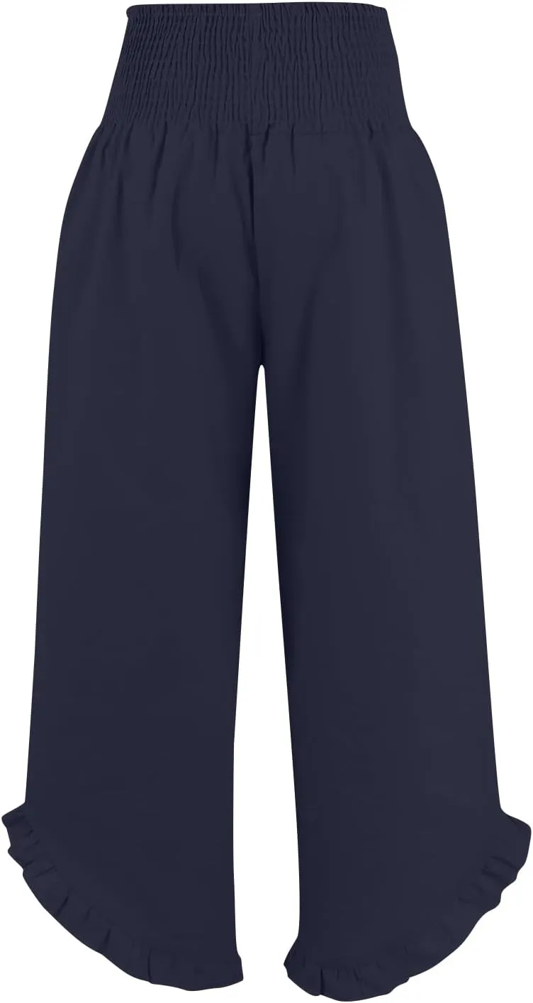 Wide Leg Linen Pants for Women Smocked Waist Ruffle Hem Palazzo Pants Summer Boho Flowy Beach Pants with Pockets