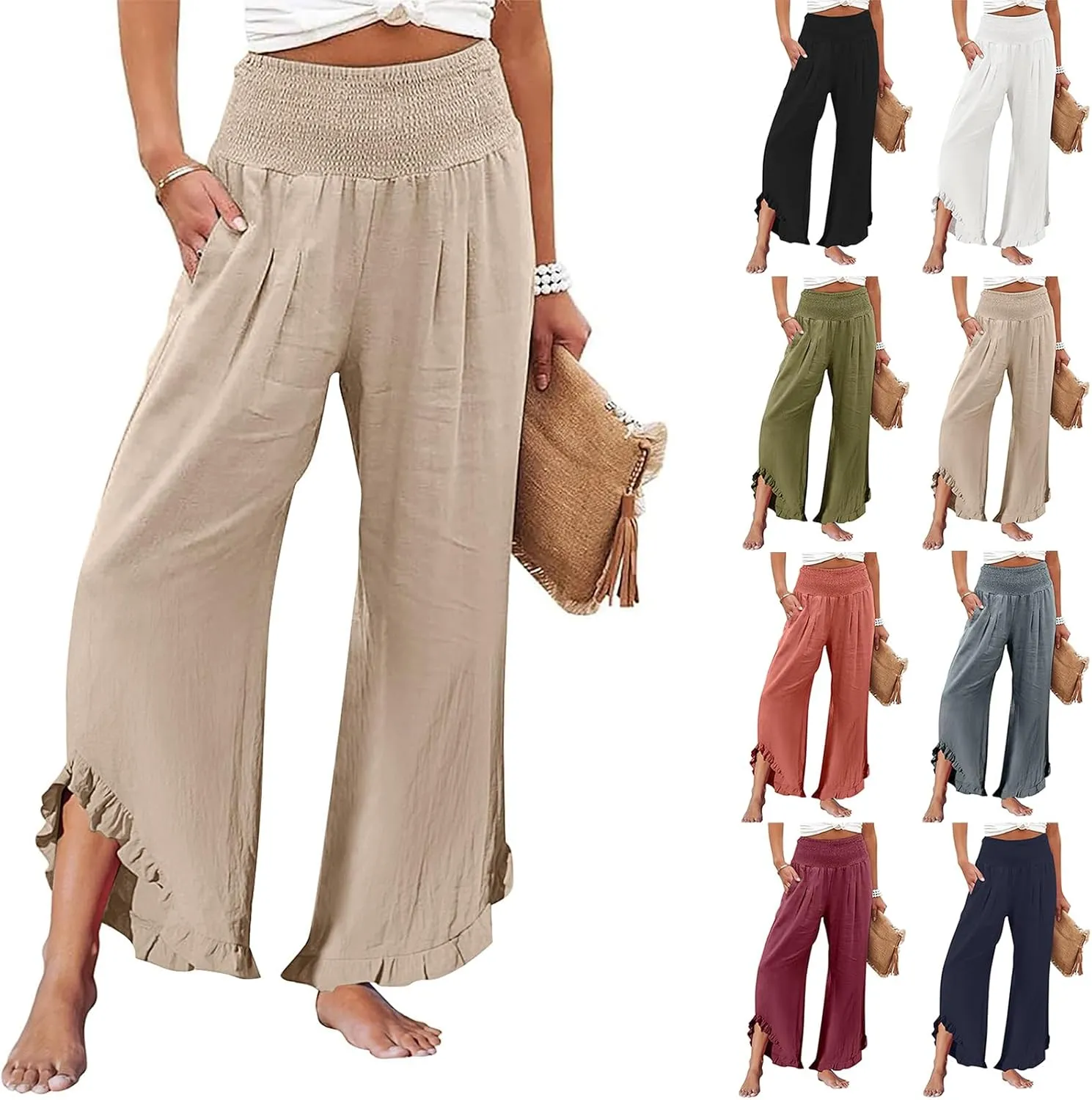Wide Leg Linen Pants for Women Smocked Waist Ruffle Hem Palazzo Pants Summer Boho Flowy Beach Pants with Pockets