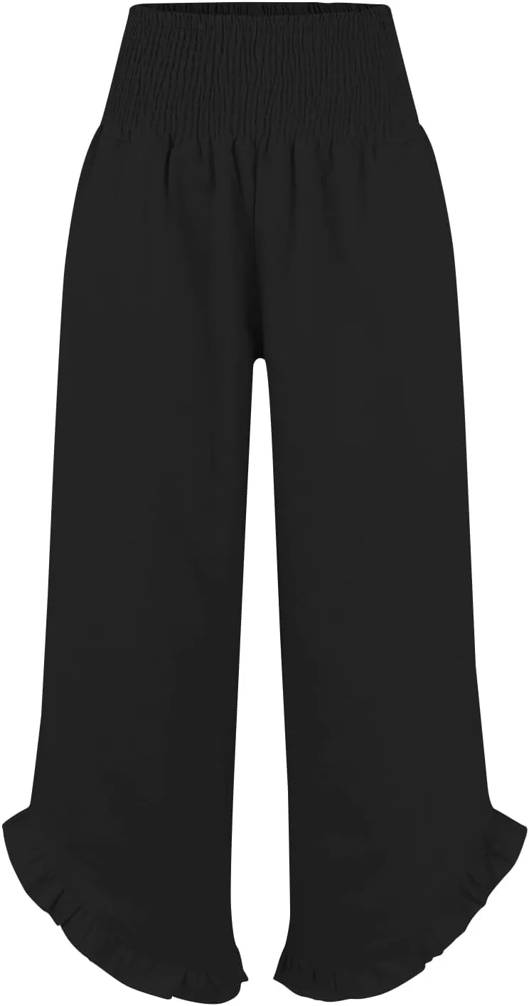 Wide Leg Linen Pants for Women Smocked Waist Ruffle Hem Palazzo Pants Summer Boho Flowy Beach Pants with Pockets