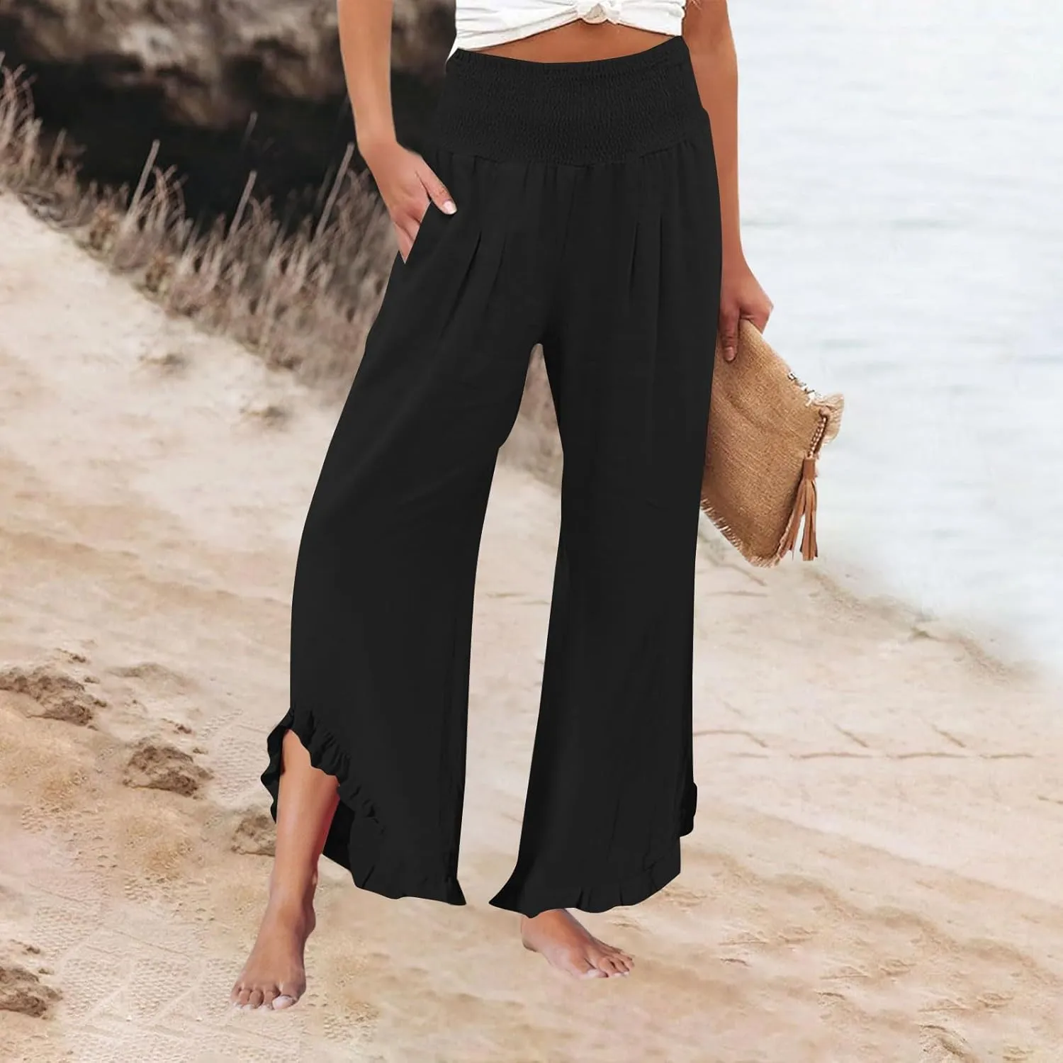Wide Leg Linen Pants for Women Smocked Waist Ruffle Hem Palazzo Pants Summer Boho Flowy Beach Pants with Pockets