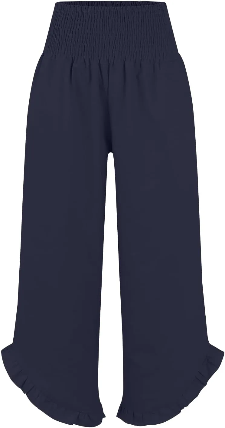 Wide Leg Linen Pants for Women Smocked Waist Ruffle Hem Palazzo Pants Summer Boho Flowy Beach Pants with Pockets