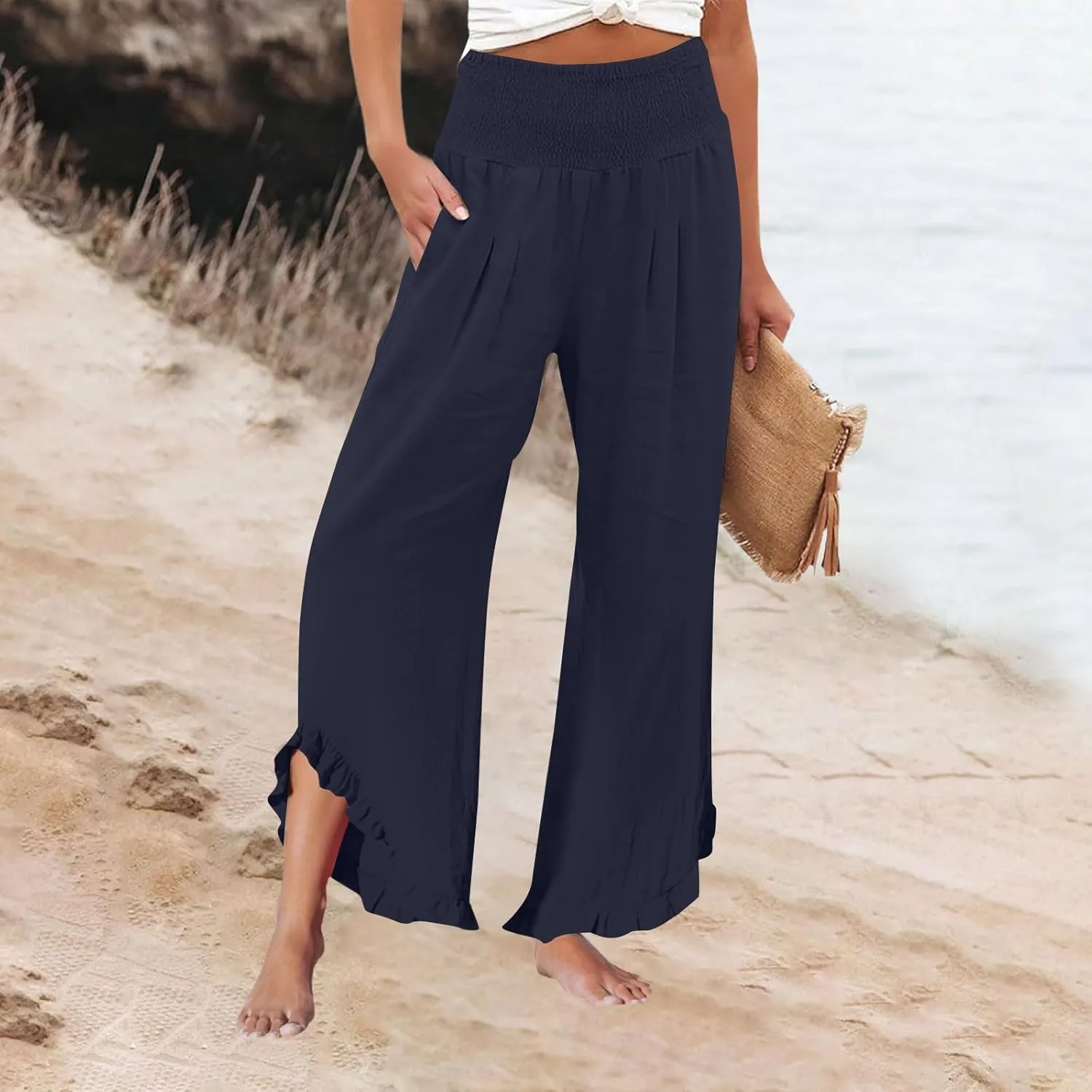 Wide Leg Linen Pants for Women Smocked Waist Ruffle Hem Palazzo Pants Summer Boho Flowy Beach Pants with Pockets