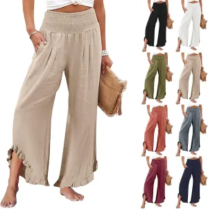 Wide Leg Linen Pants for Women Smocked Waist Ruffle Hem Palazzo Pants Summer Boho Flowy Beach Pants with Pockets
