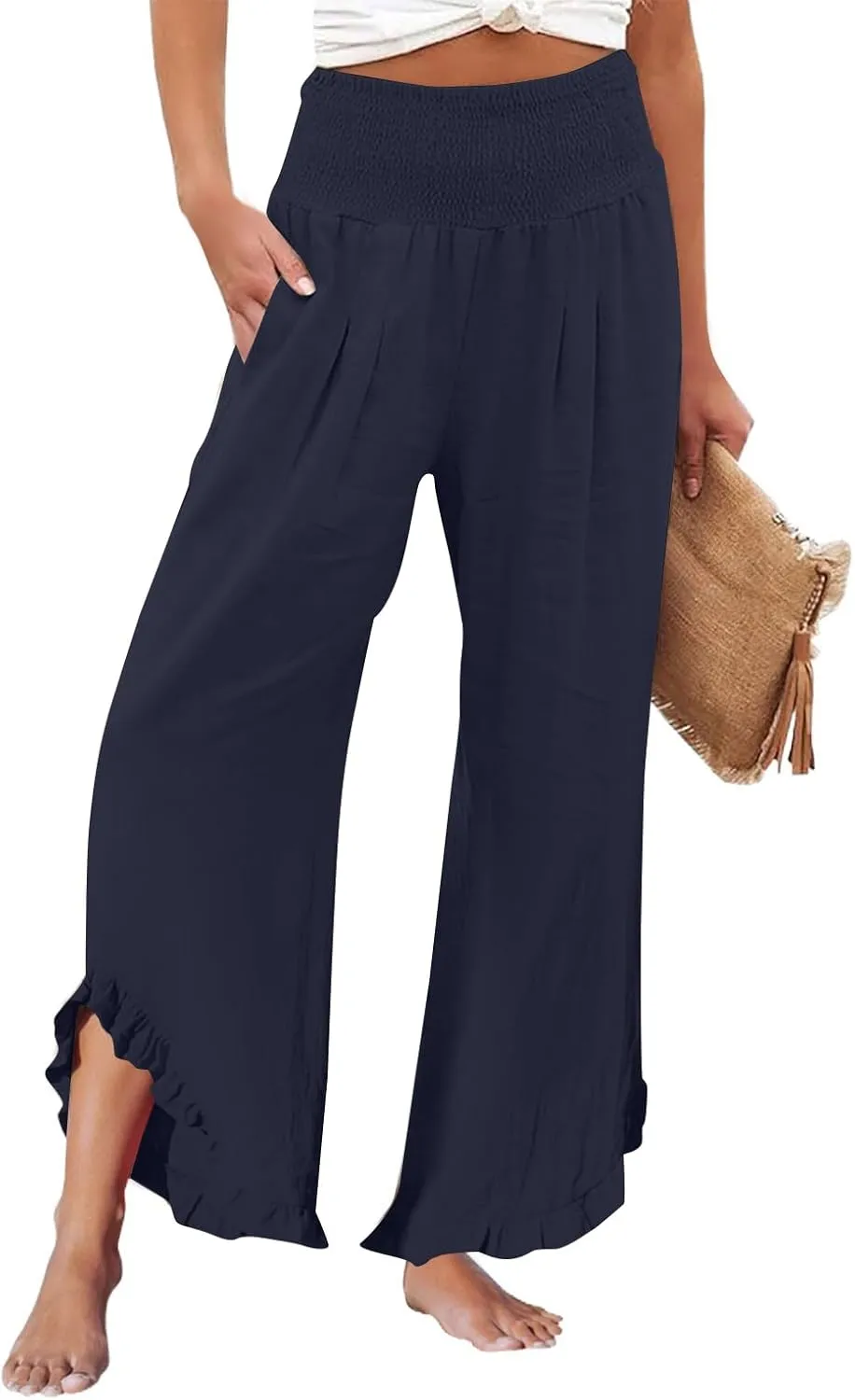 Wide Leg Linen Pants for Women Smocked Waist Ruffle Hem Palazzo Pants Summer Boho Flowy Beach Pants with Pockets