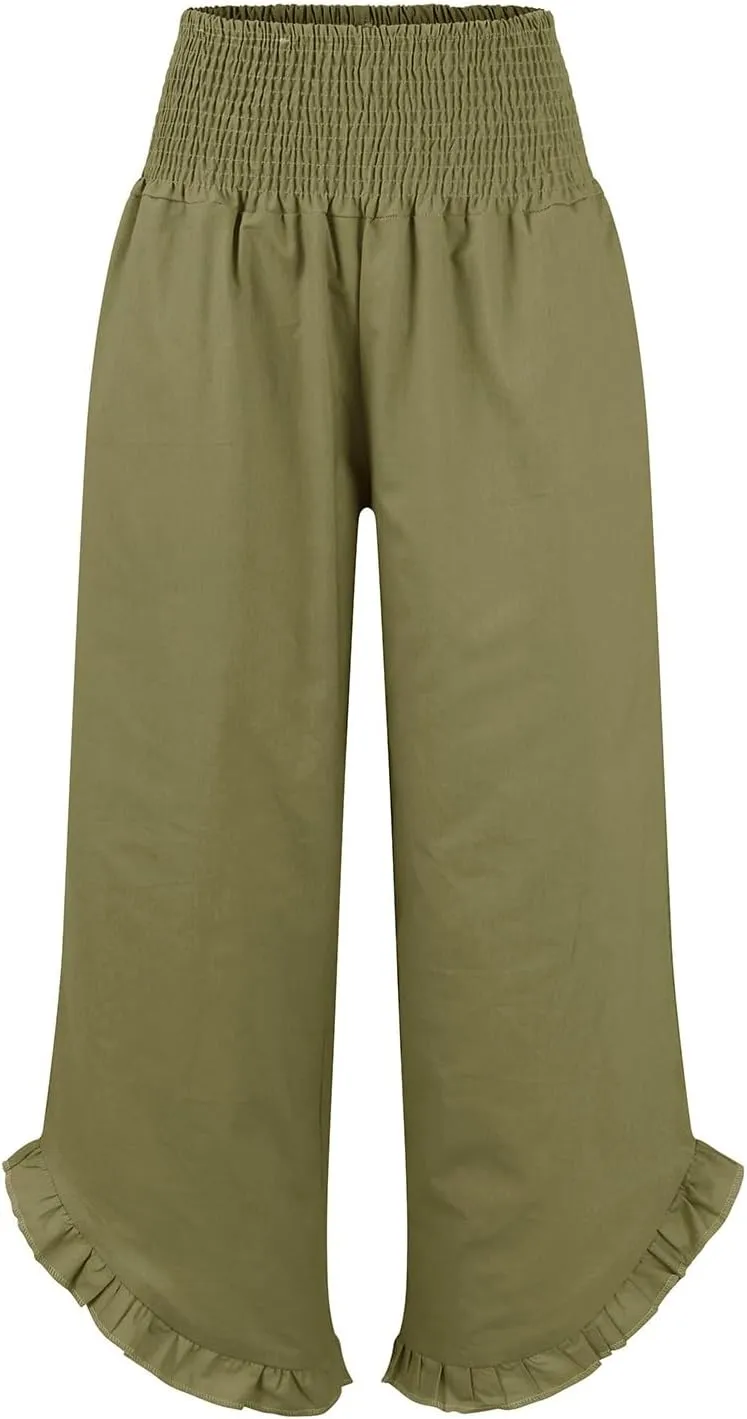 Wide Leg Linen Pants for Women Smocked Waist Ruffle Hem Palazzo Pants Summer Boho Flowy Beach Pants with Pockets