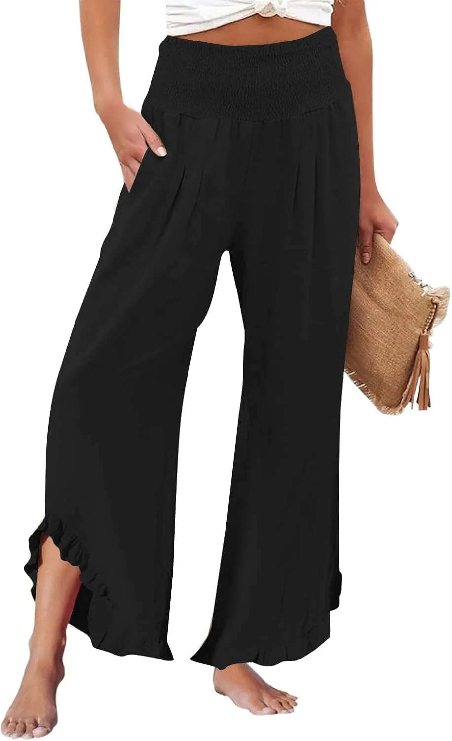 Wide Leg Linen Pants for Women Smocked Waist Ruffle Hem Palazzo Pants Summer Boho Flowy Beach Pants with Pockets