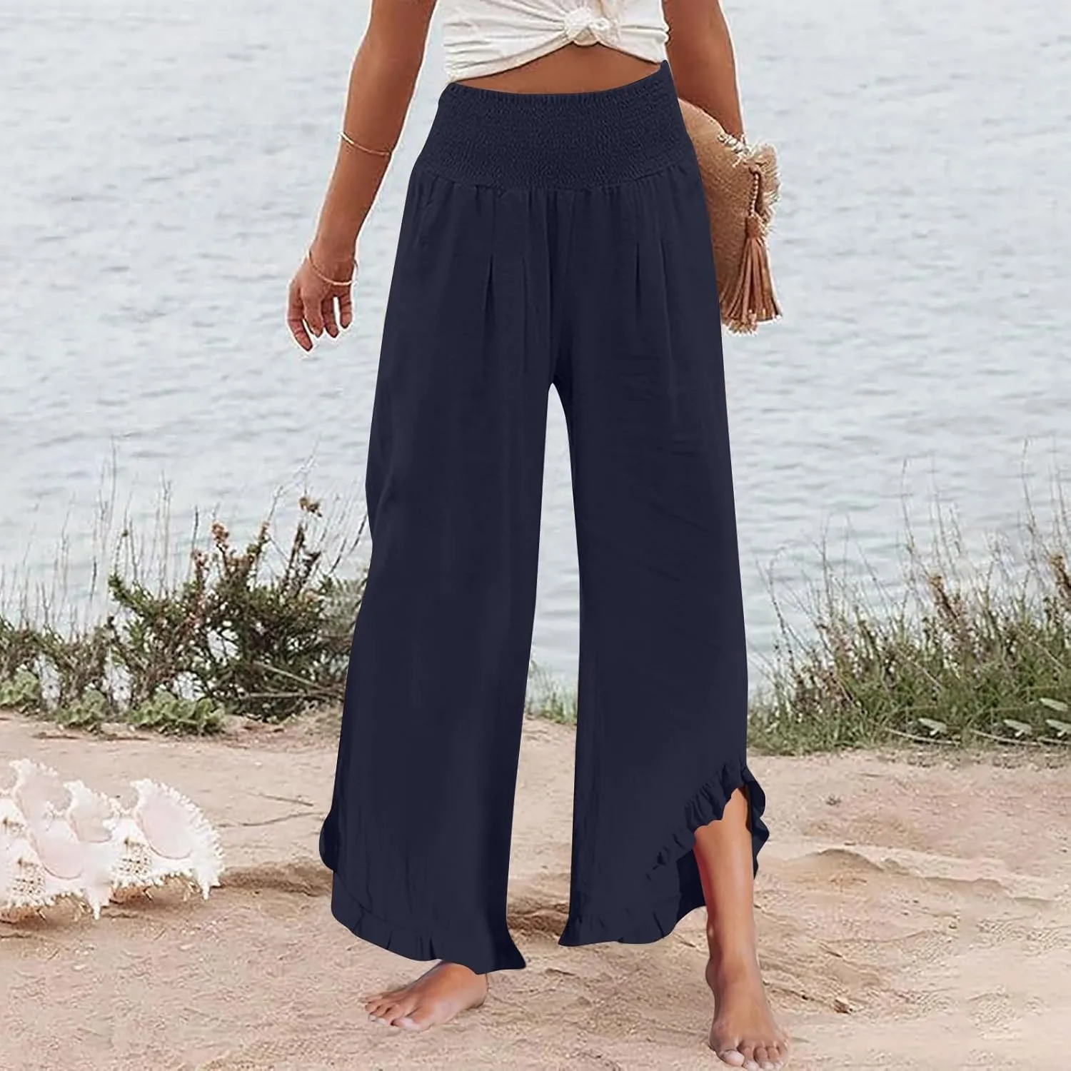 Wide Leg Linen Pants for Women Smocked Waist Ruffle Hem Palazzo Pants Summer Boho Flowy Beach Pants with Pockets