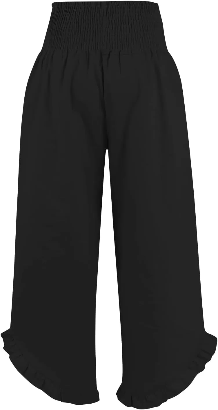 Wide Leg Linen Pants for Women Smocked Waist Ruffle Hem Palazzo Pants Summer Boho Flowy Beach Pants with Pockets