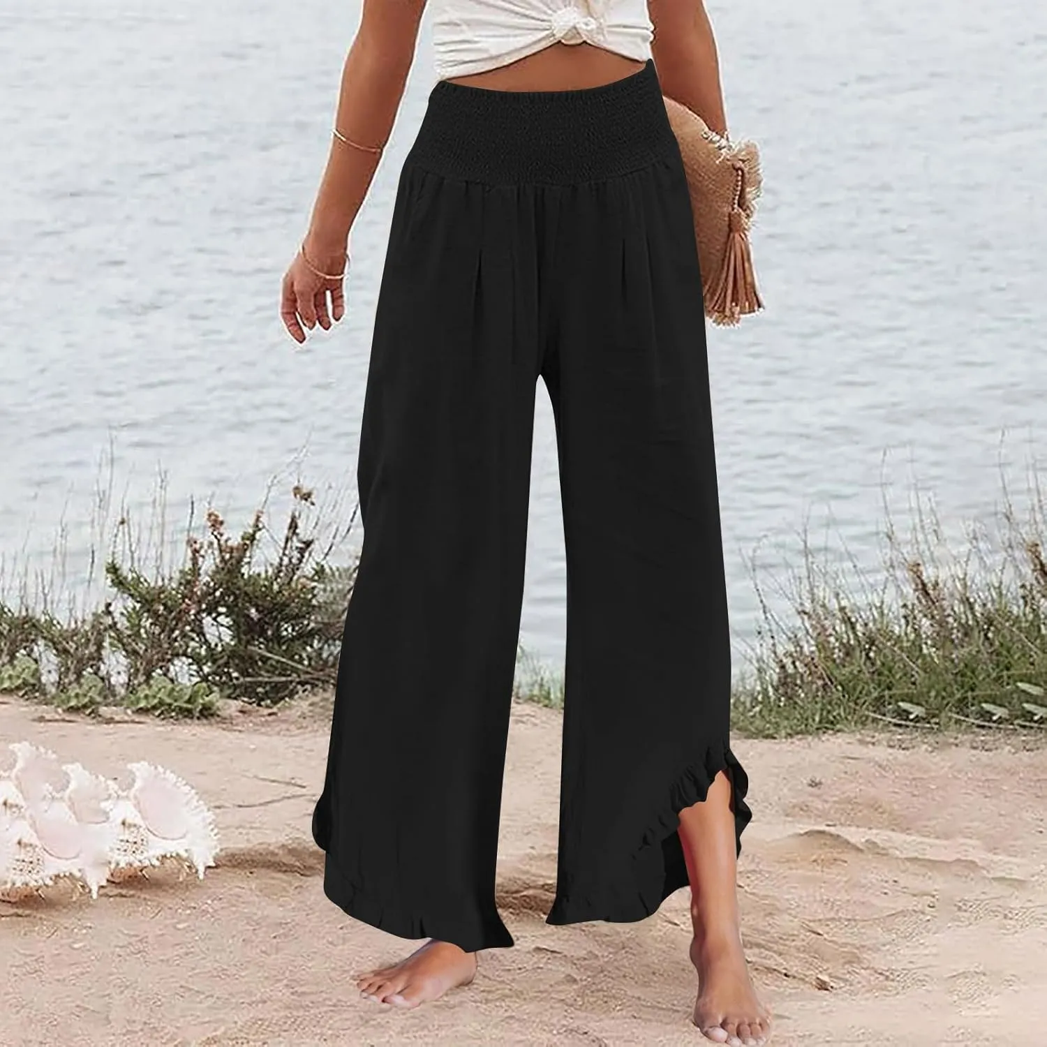 Wide Leg Linen Pants for Women Smocked Waist Ruffle Hem Palazzo Pants Summer Boho Flowy Beach Pants with Pockets
