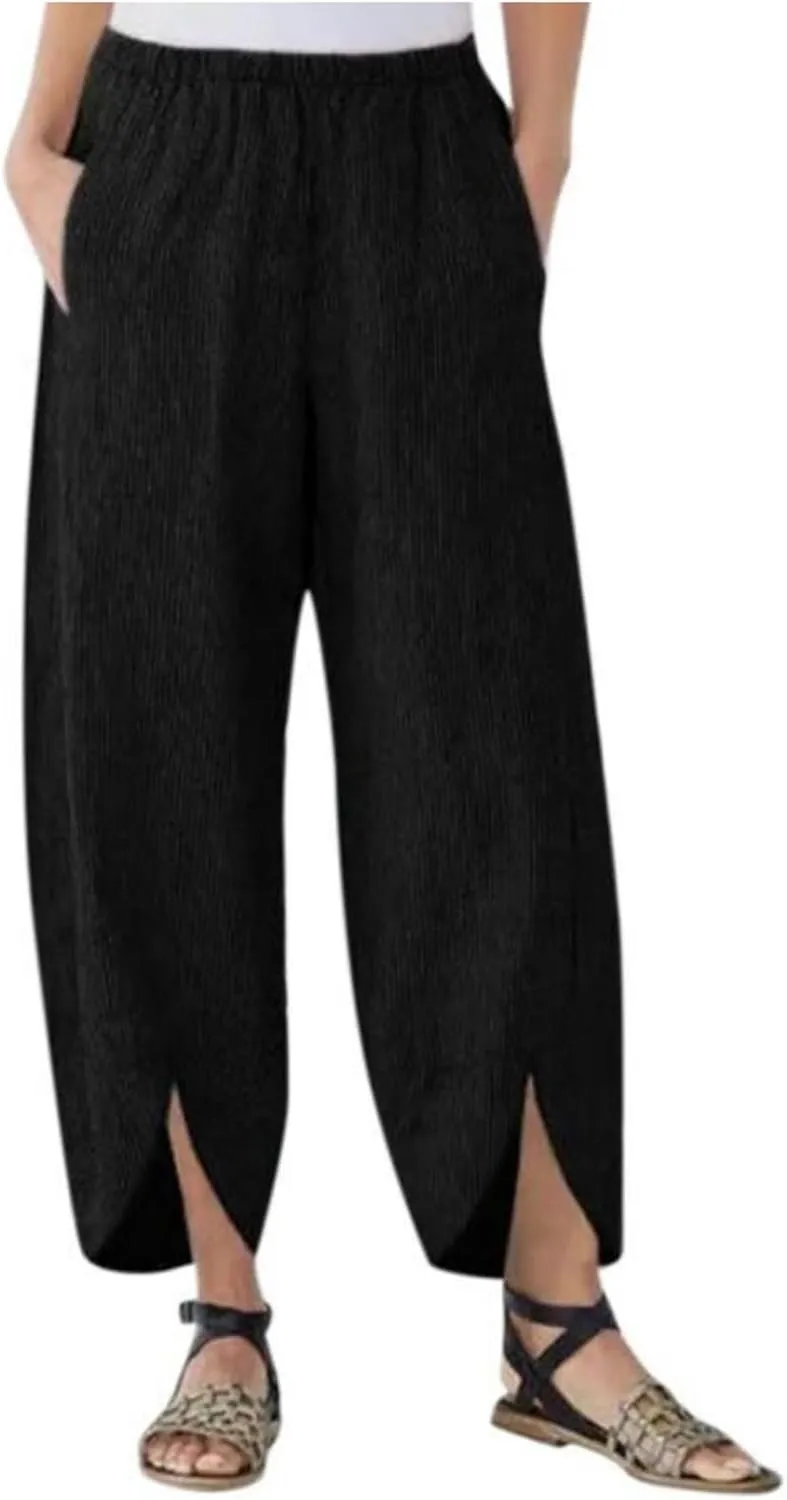 Wide Leg Pants for Women Spliced Stretch High Waisted Petite Pants Loose Solid Cropped Casual Trousers with Pockets