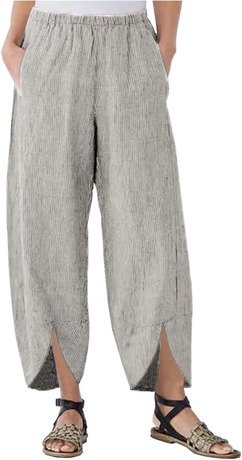 Wide Leg Pants for Women Spliced Stretch High Waisted Petite Pants Loose Solid Cropped Casual Trousers with Pockets