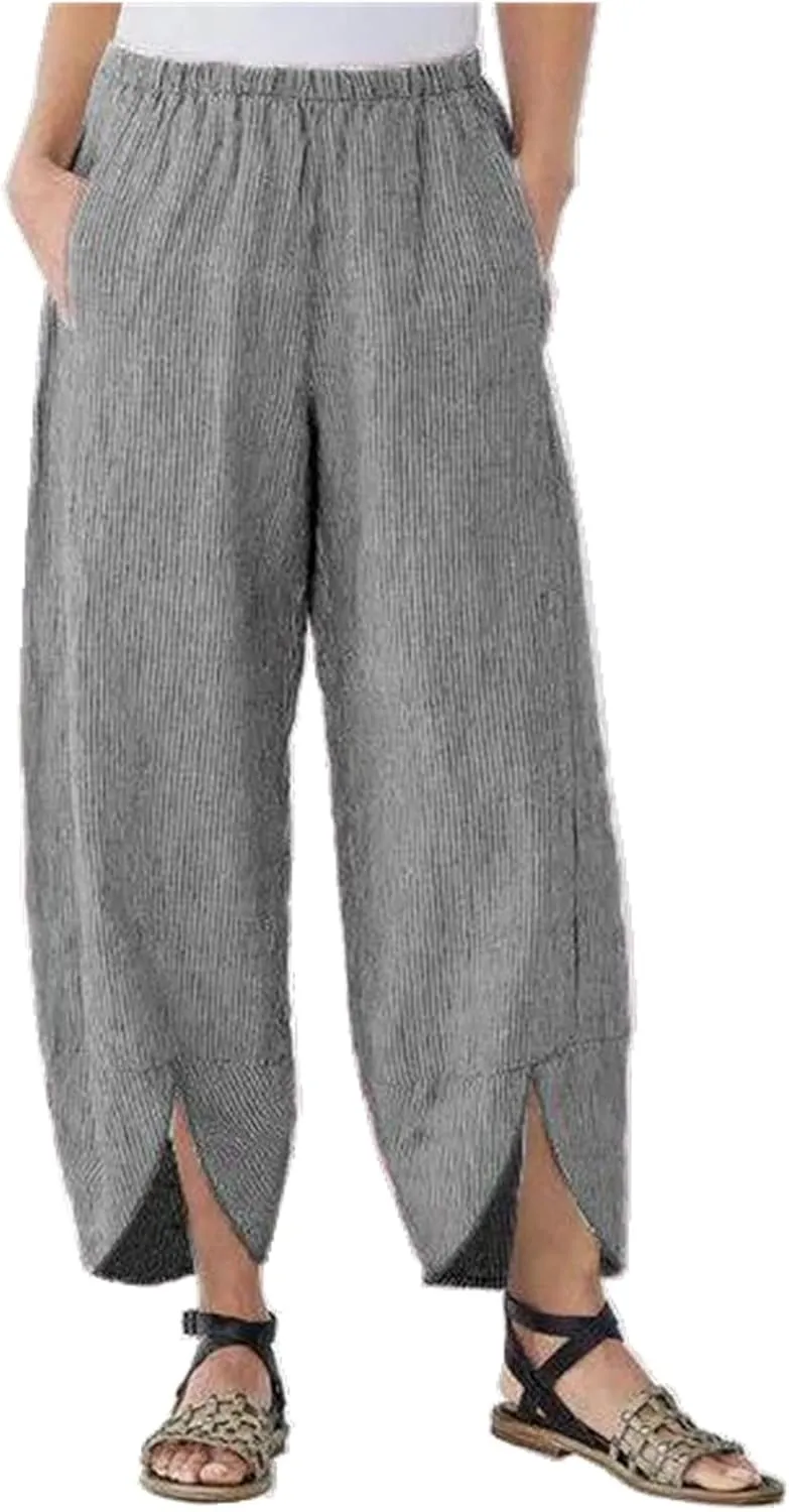 Wide Leg Pants for Women Spliced Stretch High Waisted Petite Pants Loose Solid Cropped Casual Trousers with Pockets