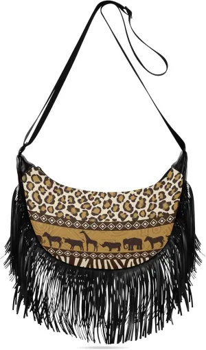 Wild Animals Leopard Print Fringe Bag for Women Cross Body Bag Tassel Shoulder Bag Satchel