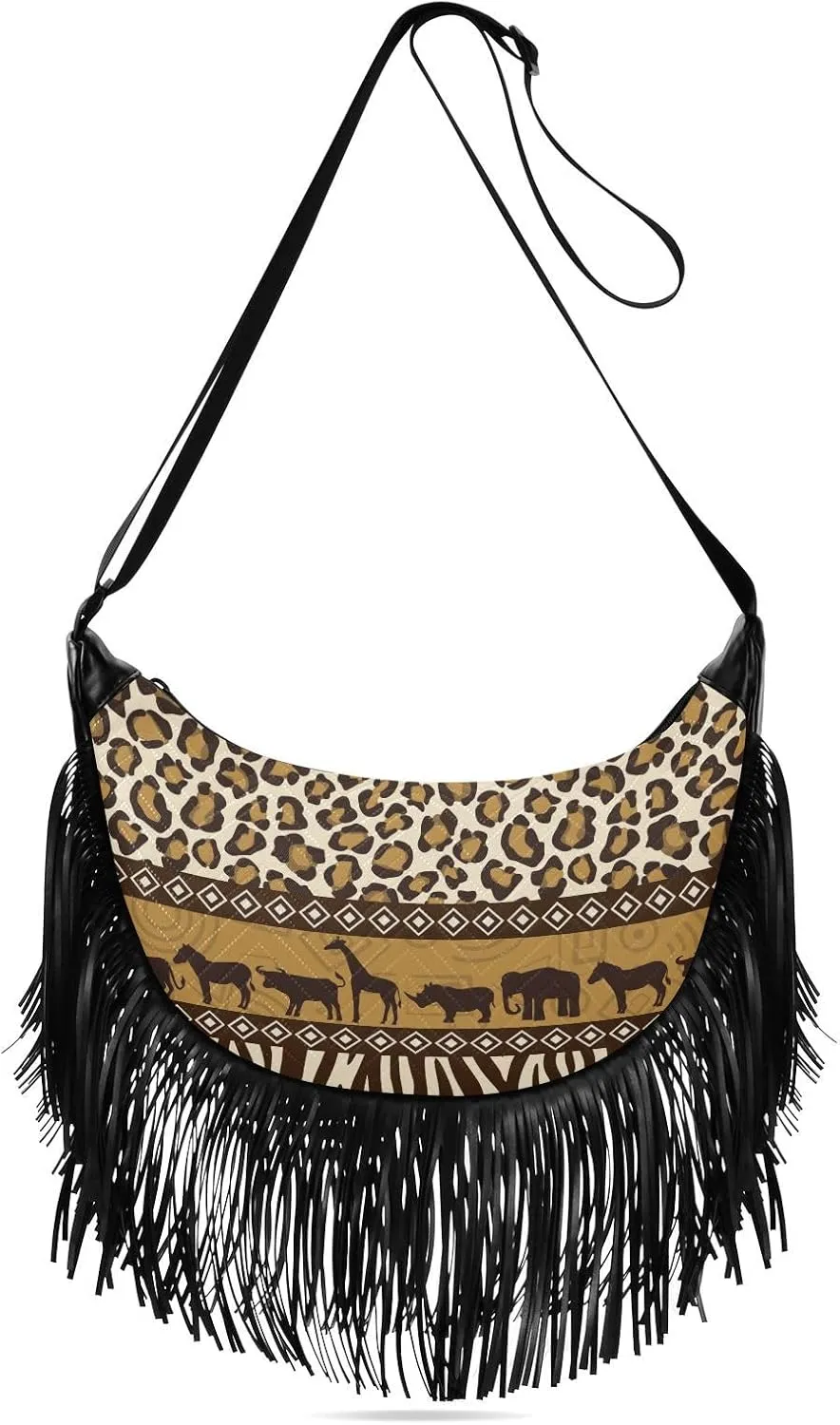 Wild Animals Leopard Print Fringe Bag for Women Cross Body Bag Tassel Shoulder Bag Satchel