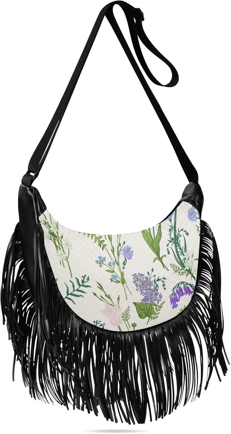 Wild Flowers Floral Fringe Bag for Women Cross Body Bag Tassel Shoulder Bag Satchel