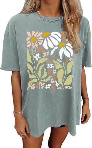 Wildflowers Shirt for Women Oversized Floral T Shirts Inspirational Graphic Tees Flower Plant Shirts Tops