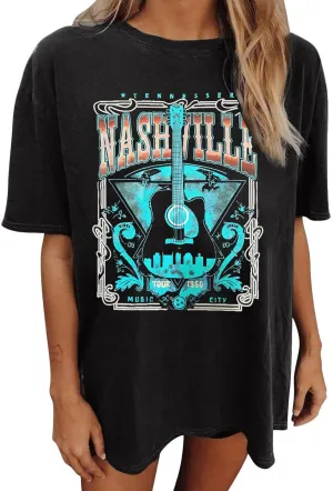 Wildflowers T-Shirts Women Oversized Vintage Floral Shirts Nashville Music City Tops Rock Band Tee