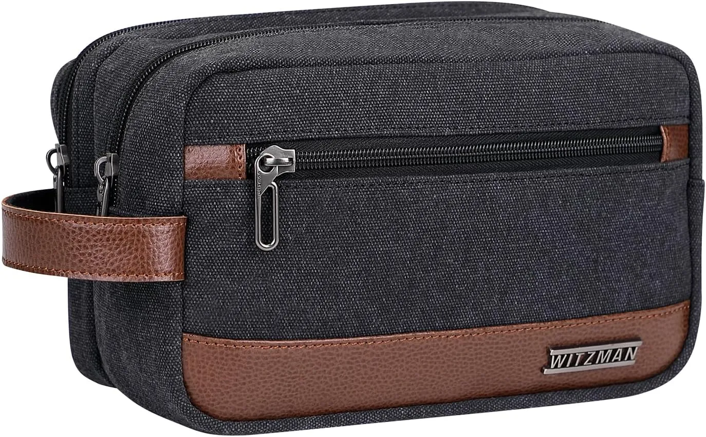 WITZMAN Canvas Toiletry Bag for Men Hanging Dopp Kit Organizer Water-resistant Men Travel Toiletries Bathroom Bag with Wet Pocket(A8001 Black)