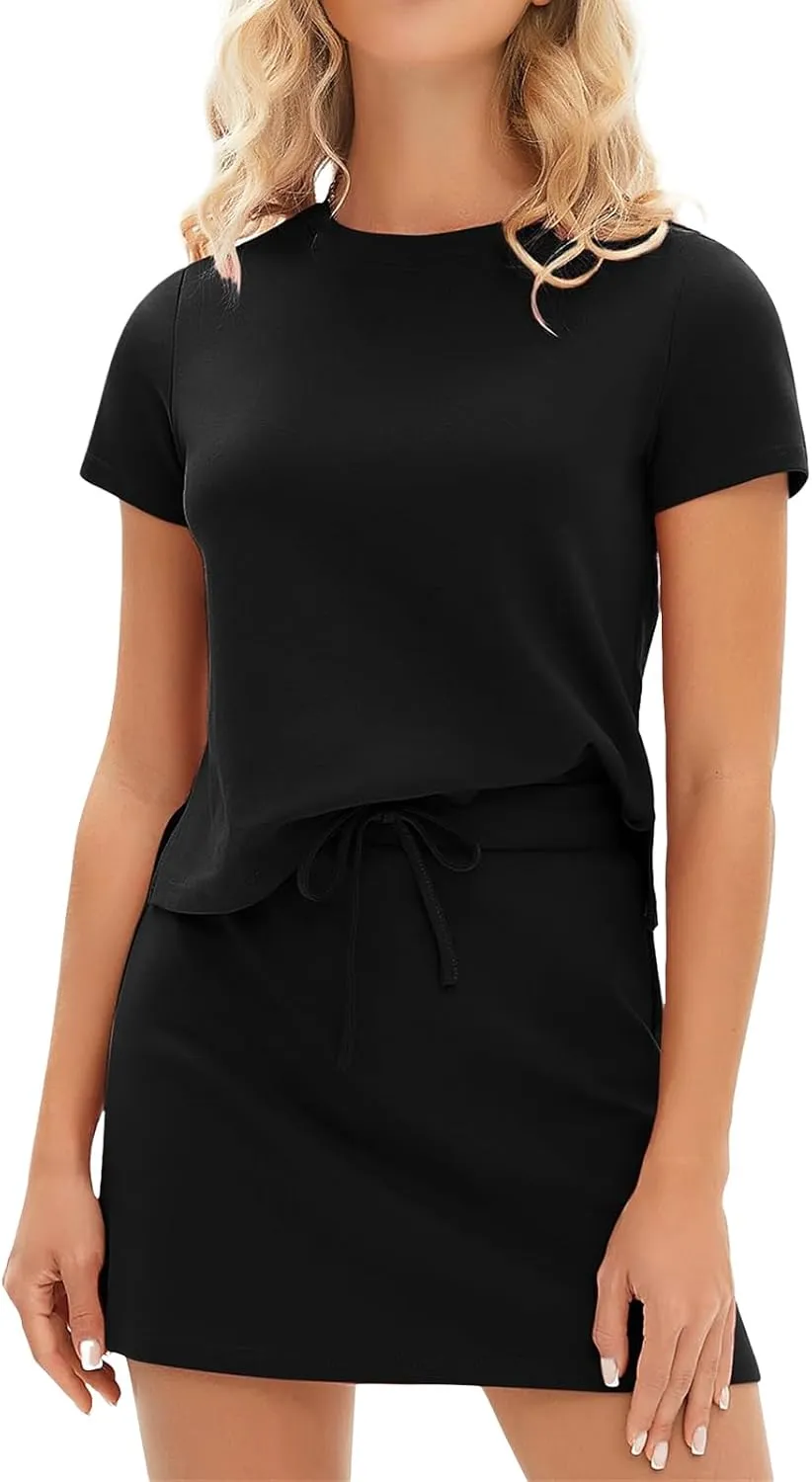 Women 2 Piece Lounge Sets Short Sleeve Tshirt Drawstring Tennis Skort Summer Sweatsuit Lounge Matching Set