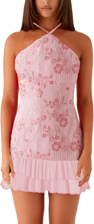 Women Beaded Sequin Mini Dress Y2k Floral Backless Short Sparkly Dresses Glitter Rhinestone Club Disco Dress Outfit