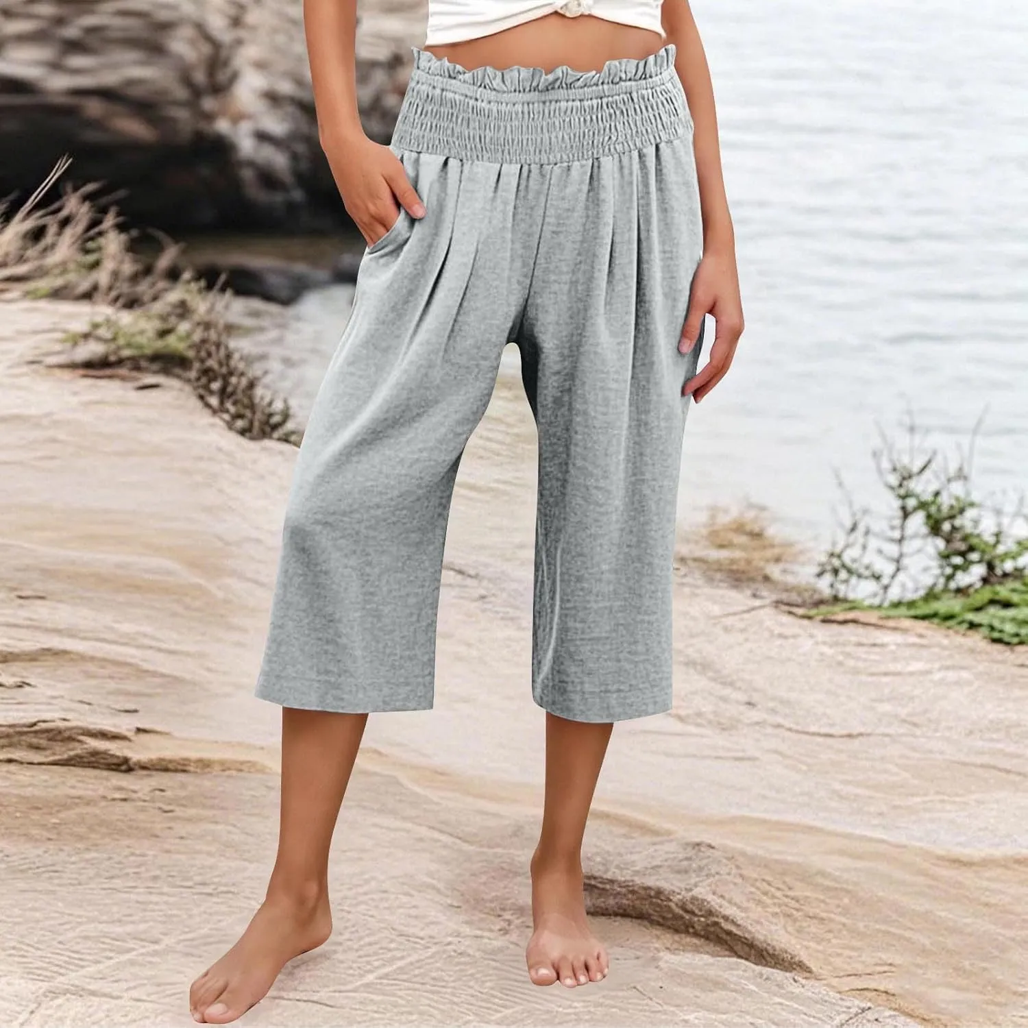 Women Capris Faux Cotton Linen Casual Wide Leg Pants Loose Flowy Ruffle Elastic Waist Cropped Trousers with Pockets