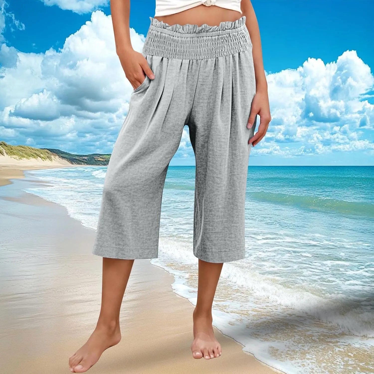 Women Capris Faux Cotton Linen Casual Wide Leg Pants Loose Flowy Ruffle Elastic Waist Cropped Trousers with Pockets