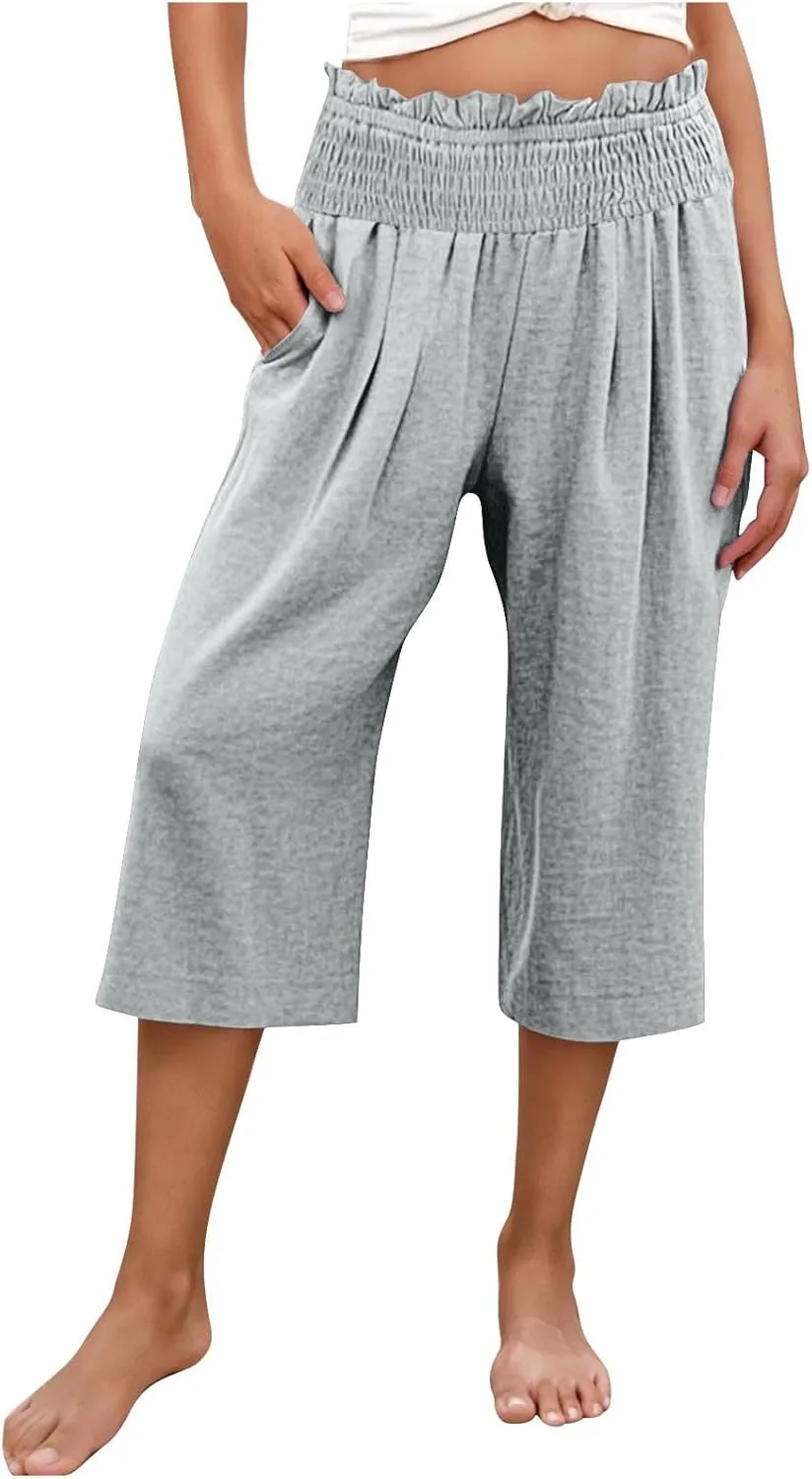 Women Capris Faux Cotton Linen Casual Wide Leg Pants Loose Flowy Ruffle Elastic Waist Cropped Trousers with Pockets