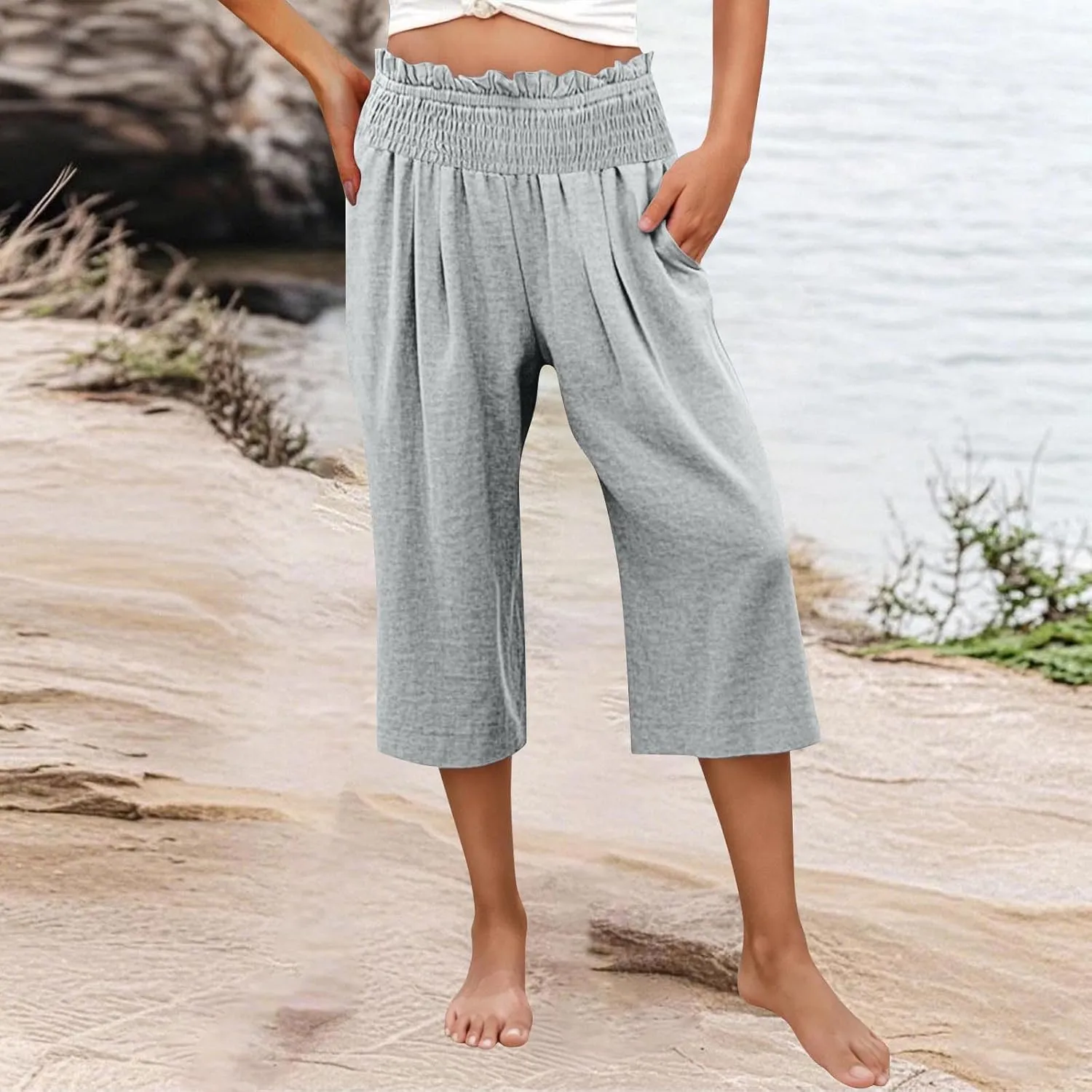 Women Capris Faux Cotton Linen Casual Wide Leg Pants Loose Flowy Ruffle Elastic Waist Cropped Trousers with Pockets