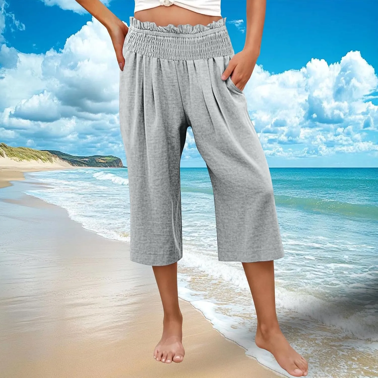 Women Capris Faux Cotton Linen Casual Wide Leg Pants Loose Flowy Ruffle Elastic Waist Cropped Trousers with Pockets