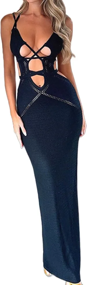 Women Crochet Knit Lace Up Maxi Dress Elegant Halter Tie Back Hollow Out Long Dress Sexy Open Back Sundress