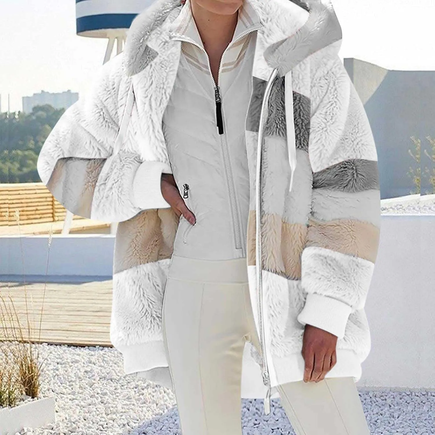 Women Faux Fur Zip Up Hoodies Sherpa Lined Winter Jackets Warm Plush Coat Oversized Fleece Warm Hoodie Outwear