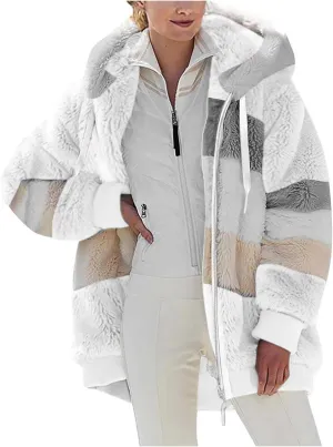 Women Faux Fur Zip Up Hoodies Sherpa Lined Winter Jackets Warm Plush Coat Oversized Fleece Warm Hoodie Outwear