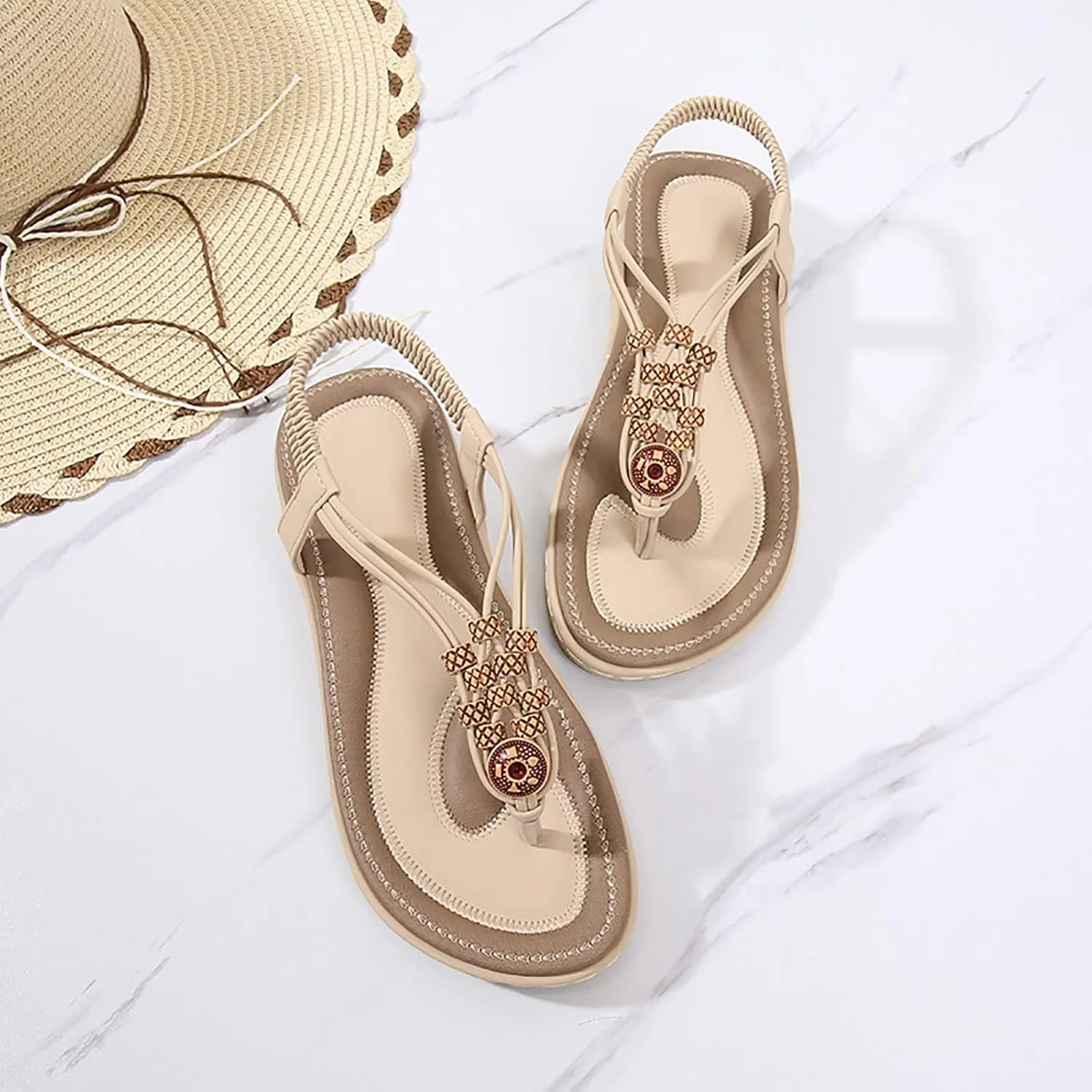 Women Flip Flops Elastic Ankle Strap Dress Shoes Summer Slip On Beach Thong Sandals Open Toe Cushion Flats