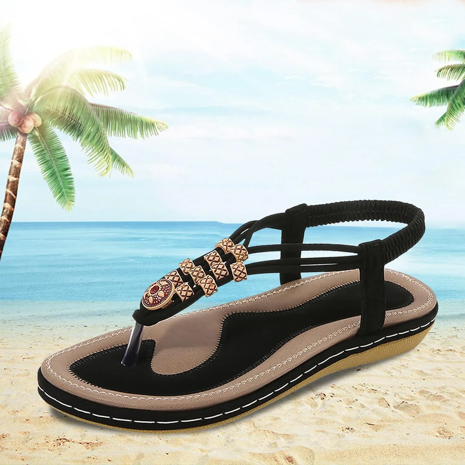 Women Flip Flops Elastic Ankle Strap Dress Shoes Summer Slip On Beach Thong Sandals Open Toe Cushion Flats