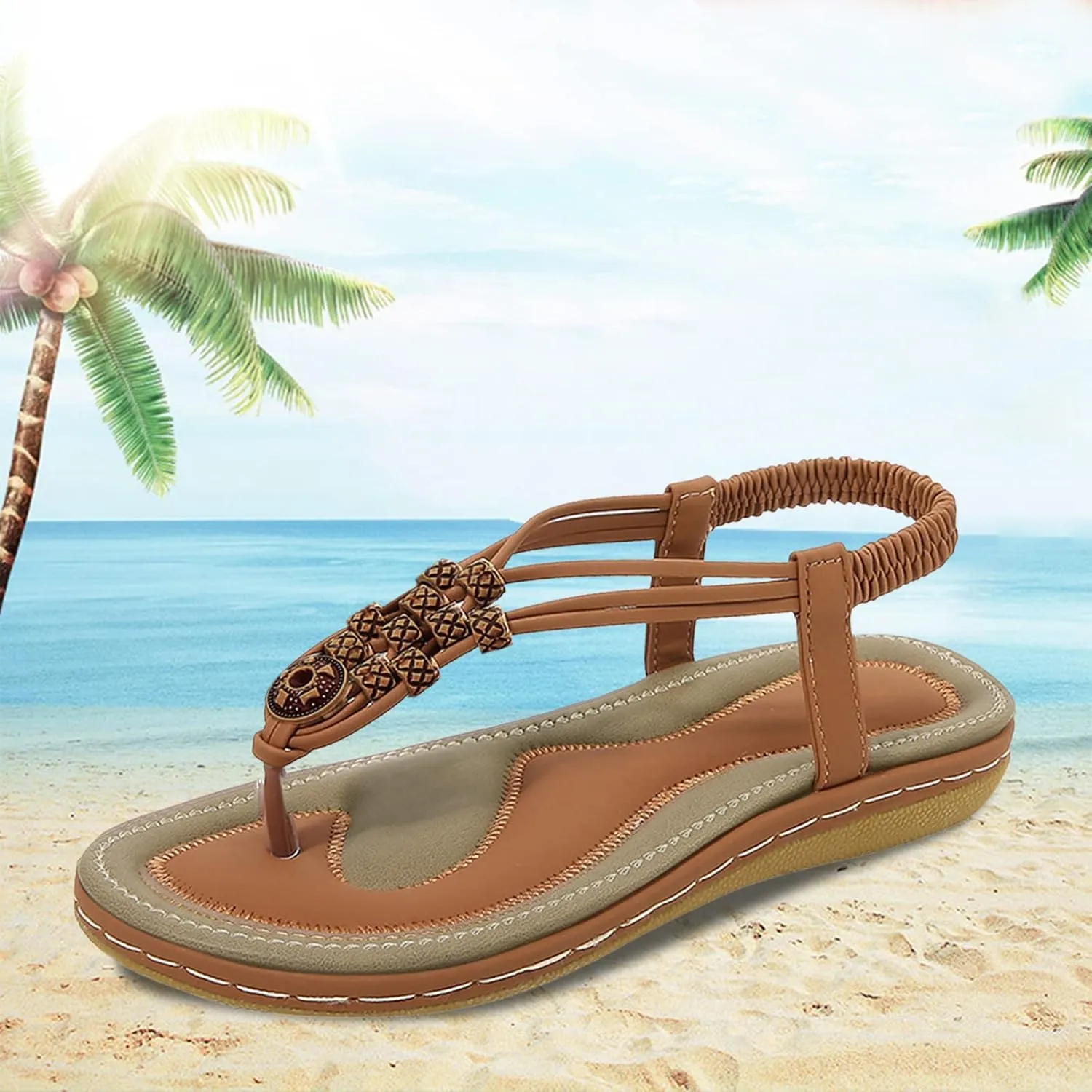 Women Flip Flops Elastic Ankle Strap Dress Shoes Summer Slip On Beach Thong Sandals Open Toe Cushion Flats